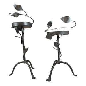 Pair of Wrought Iron Leaf & Vine Plant Stands – Black Metal Garden Decor Used